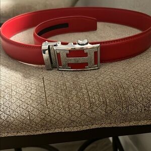 Red Leather Belt with Silver Buckle